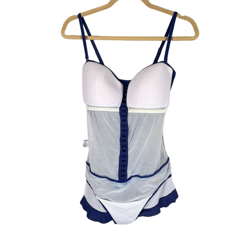Profile by Gottex Swimsuit 12 One Piece w Skirt Blue Swim Dress Ruched Braided - Picture 7 of 10
